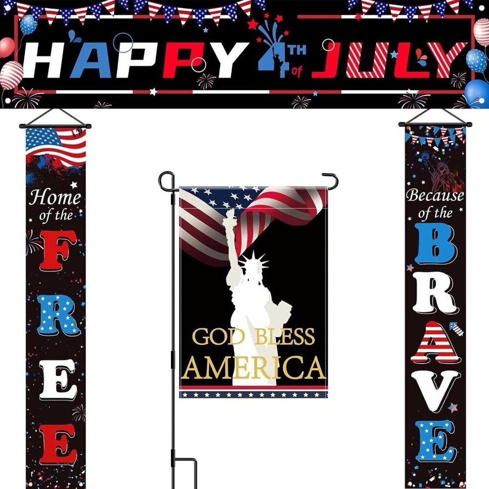 KIRE 5Pack 4th of July Decorations Outdoor Indoor Hanging Banners Black